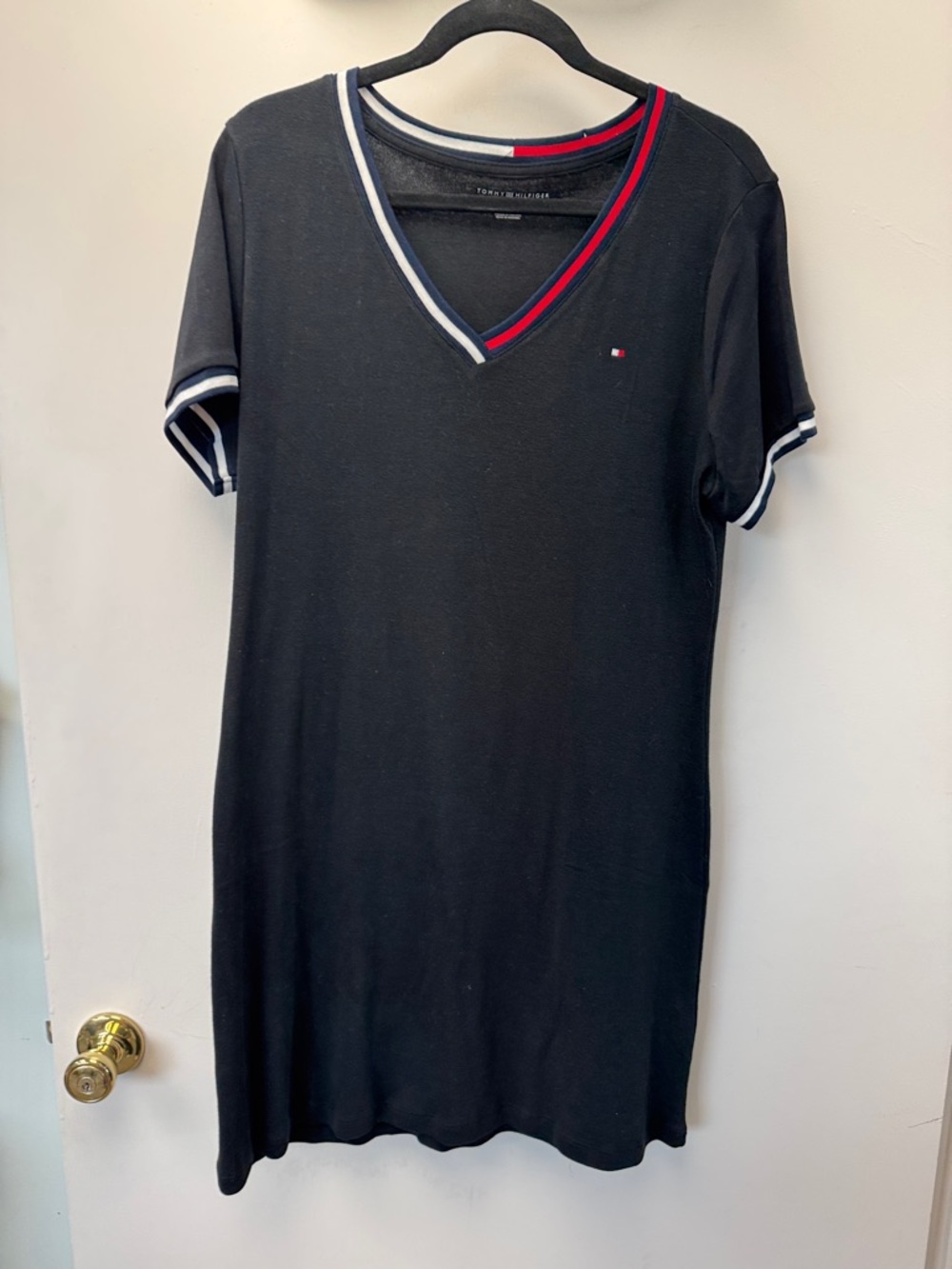 Tommy Hilfiger Black Midi T-Shirt Dress with Red & White Trim
